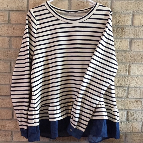 Cream Striped Sweater with Ruffle Chambray Hem - Picture 2 of 5